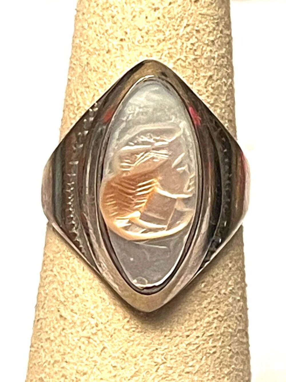 Vintage Silver Signet Ring With Carved Hardstone Intaglio Cameo Woman Right Faci